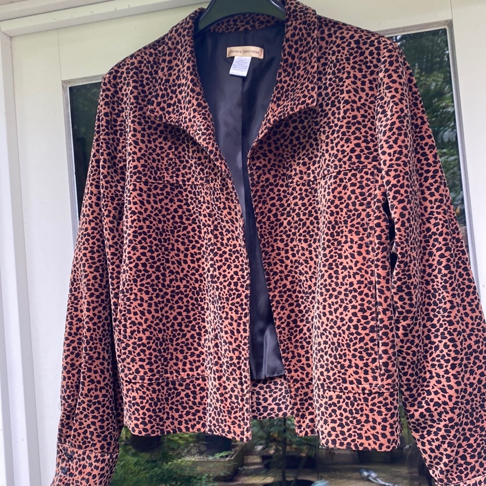 Patrick Christoper Velour Open Front Leopard Animal Print Blazer Jacket XL